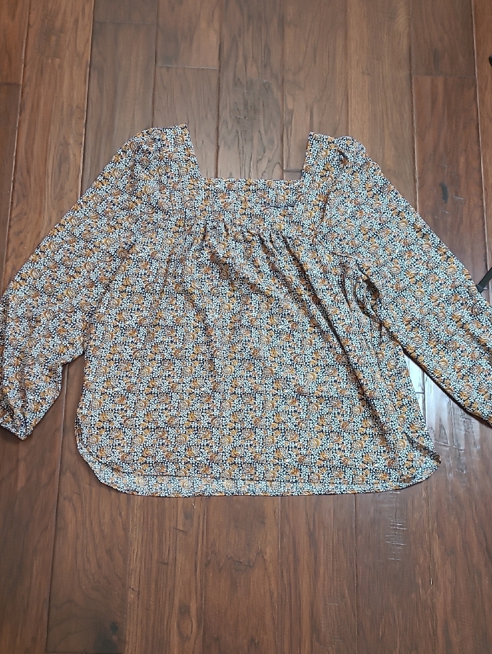 Wonderly Navy Blue, Mustard & White Square Neck Floral Peasant Blouse size XL